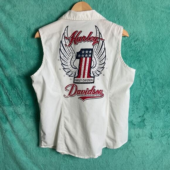 Harley Davidson Womens Zip Up Collared Rhinestone Tank top and Cap XL - Picture 1 of 15